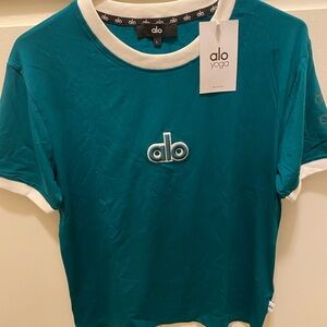 ALO Yoga Teal Shirt with White Round Neck